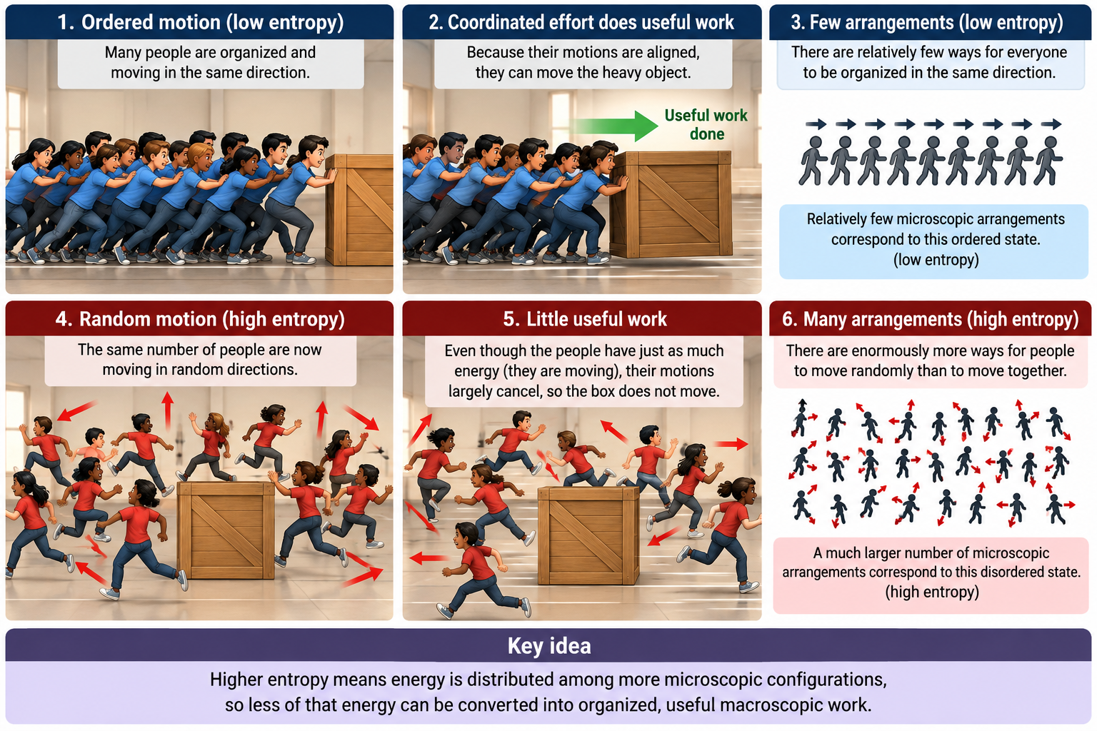 Ordered vs random motion of a crowd pushing a crate, illustrating low and high entropy
